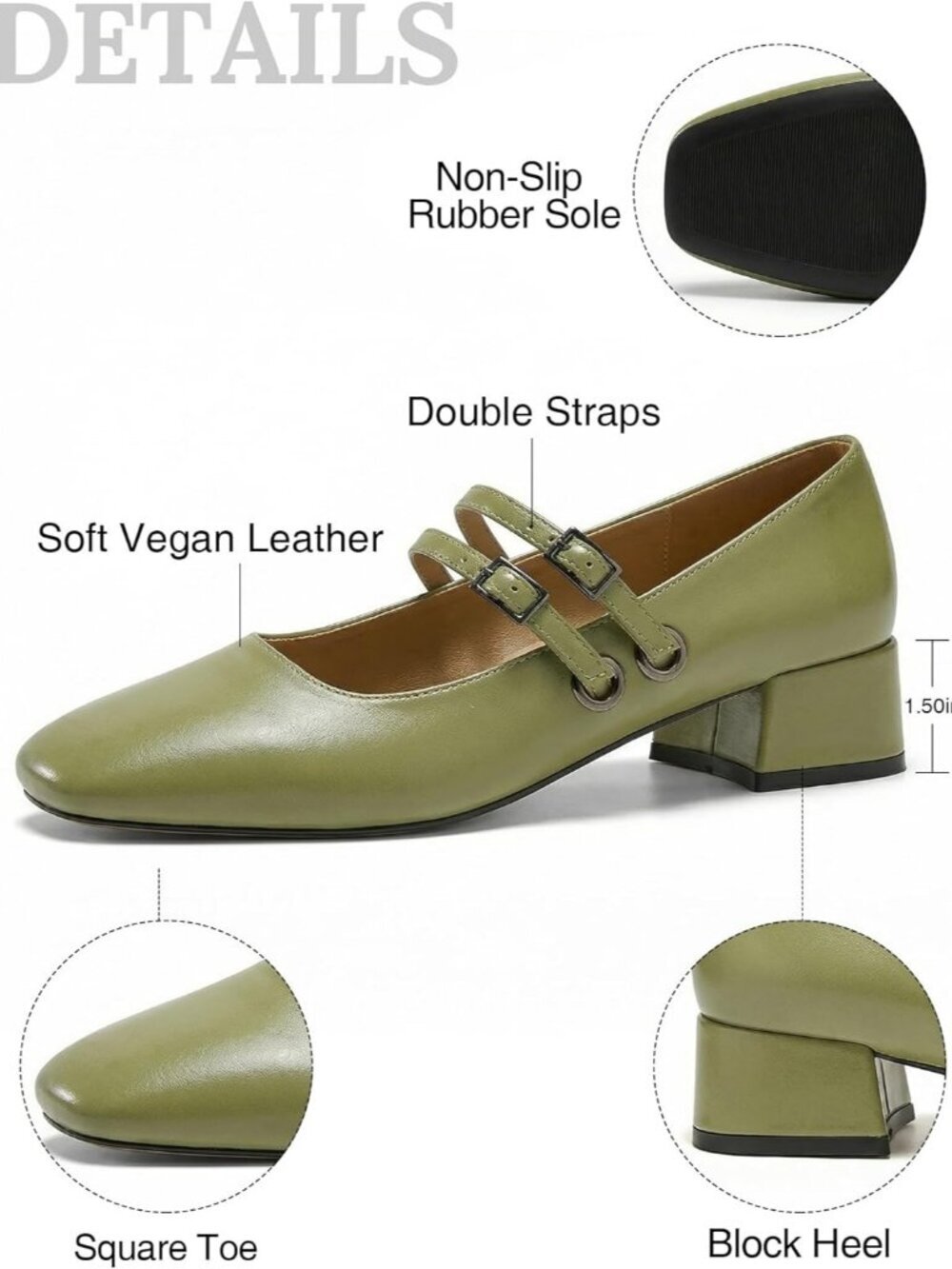 Women's Green Mary Jane Low Pearl Heels Closed Square Toe Pumps Ballet Shoes - Picture 5 of 6